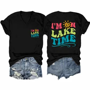 Women's Casual Sun Graphic V-Neck T-Shirt I'm On Lake Time Printed Short Sleeve Cotton Blend Summer Loose Fit Tee Top