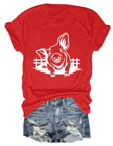 T-shirt casual rossa da donna con simpatico disegno di maiale bianco e stile girocollo