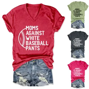 Women's V-neck T-shirt with 'Moms Against White Baseball Pants' graphic and color options.