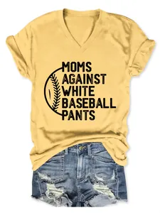 Detail of yellow V-neck tee with Moms Against White Baseball Pants graphic print.