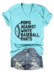Detail of Moms Against White Baseball Pants slogan print on blue V-neck T-shirt