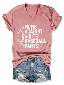 Detail view of the Moms Against White Baseball Pants print on a dusty rose V-neck tee.
