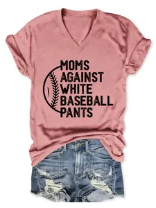 Close-up of soft pink V-neck T-shirt with Moms Against White Baseball Pants print design.
