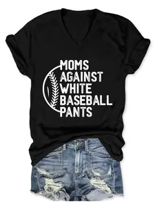 Women's black V-neck T-shirt featuring 'Moms Against White Baseball Pants' graphic print
