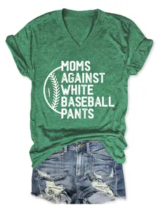 Detailed view of MOMS AGAINST WHITE BASEBALL PANTS graphic print on green v-neck tee