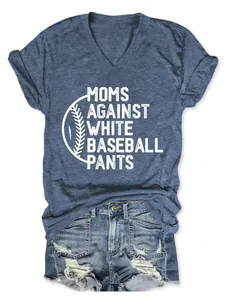 Detail of Moms Against White Baseball Pants slogan on heather blue V-neck T-shirt