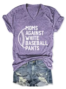 Stylish purple V-neck t-shirt with white Moms Against White Baseball Pants slogan print.