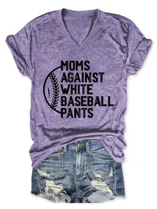 Purple heather V-neck T-shirt with 'Moms Against White Baseball Pants' baseball graphic