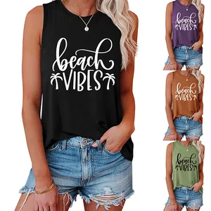 Women's casual sleeveless beach vibes tank top shown in black, purple, and green
