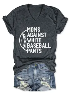 Detail of women's dark grey V-neck T-shirt with Moms Against White Baseball Pants print