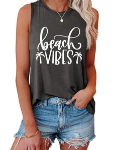 Detailed view of women's sleeveless tank top with beach vibes palm tree print