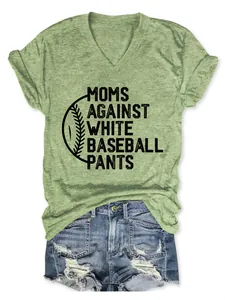 Heather green V-neck T-shirt featuring 'Moms Against White Baseball Pants' funny slogan print