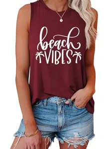 Detailed view of women's burgundy sleeveless tank top featuring beach vibes palm tree print