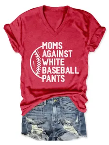Detail of red V-neck T-shirt with Moms Against White Baseball Pants graphic print.