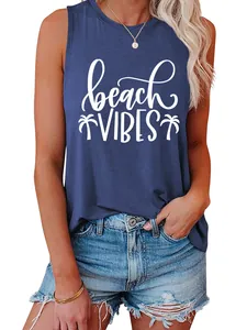 Detail of women's blue sleeveless tank top featuring white beach vibes print and palm trees