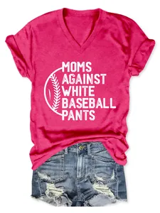 Stylish women's pink V-neck T-shirt featuring 'Moms Against White Baseball Pants' slogan