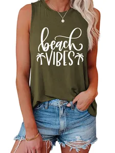 Close-up of olive green sleeveless tank top featuring white beach vibes and palm tree print.