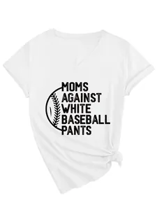 Detail view of white V-neck t-shirt with Moms Against White Baseball Pants graphic slogan