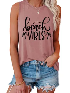 Close-up of ladies pink beach vibes tank top with coconut tree print for summer wear.