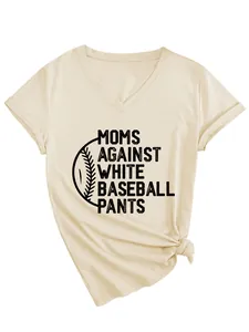 Detail view of Moms Against White Baseball Pants slogan on a beige V-neck T-shirt