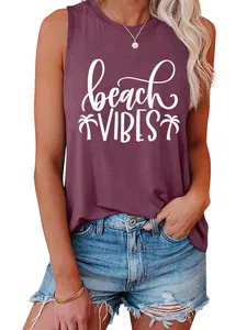 Detail showing the 'beach vibes' print on a maroon sleeveless tank top for summer.