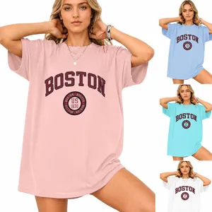 Dames American Retro Boston Grafisch Gedrukt Oversized T-Shirt Casual Katoenen Top Korte Mouw Tee Shirt