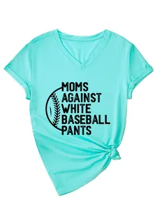 Detailed view of Moms Against White Baseball Pants print on turquoise V-neck T-shirt