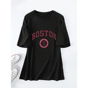 Zwart oversized dames T-shirt met vintage Boston US 1630 grafische print voor elke dag