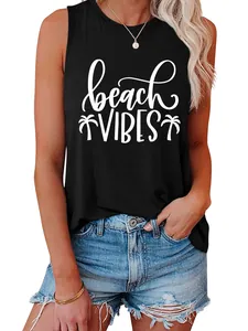 Detailed view of black sleeveless tank top with white beach vibes and palm trees