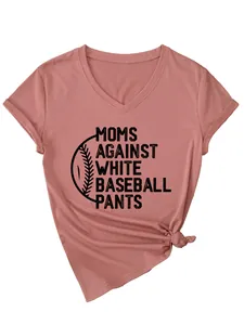 Close-up of Moms Against White Baseball Pants graphic on a pink women's V-neck t-shirt.