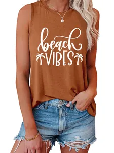 Close-up of women's sleeveless rust tank top featuring beach vibes slogan print.