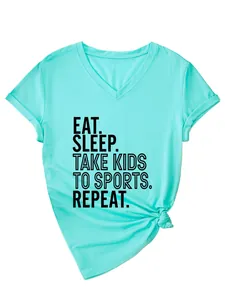 T-shirt turquoise à col en V pour femme avec texte humoristique et nœud à l'ourlet