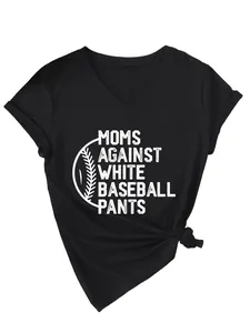 Detail view of black V-neck T-shirt with 'Moms Against White Baseball Pants' print