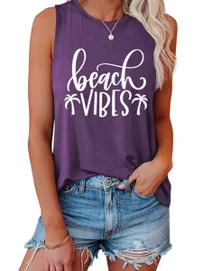 Close-up view of women's purple tank top featuring a white beach vibes palm tree print.