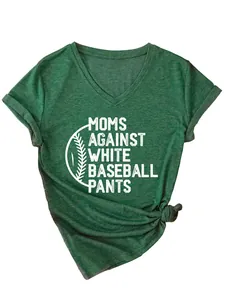 Detailed view of dark green V-neck T-shirt with 'Moms Against White Baseball Pants' print
