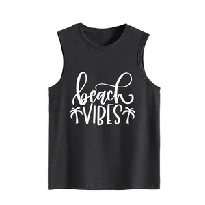 Macro detail of white beach vibes and palm tree print on dark grey cotton tank top