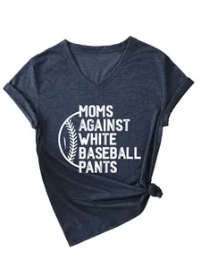 Close-up of navy V-neck T-shirt with 'Moms Against White Baseball Pants' print