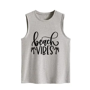 Detailed view of gray sleeveless tank top for women with beach vibes palm tree design