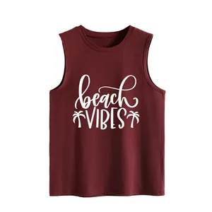 Maroon sleeveless tank top with white beach vibes text and palm trees.