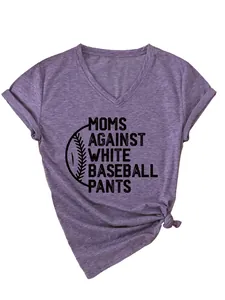 Detailed view of women's purple V-neck T-shirt with baseball graphic and text.