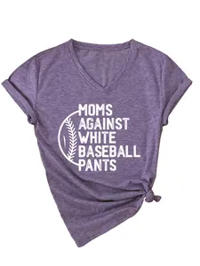 Close-up of 'Moms Against White Baseball Pants' print on purple V-neck T-shirt