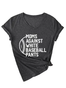 Detailed view of the dark grey V-neck T-shirt with white graphic baseball slogan print