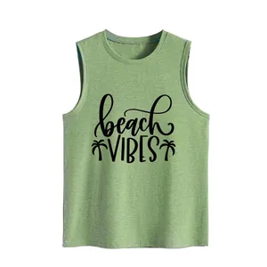 Detailed view of a green sleeveless tank top featuring beach vibes graphic print.