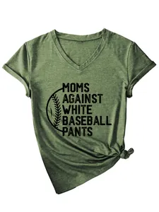Close-up of army green V-neck T-shirt with 'Moms Against White Baseball Pants' graphic print.