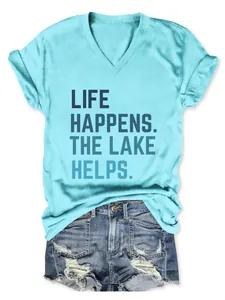 Dames aqua T-shirt met V-hals en korte mouwen met de tekst Life Happens The Lake Helps