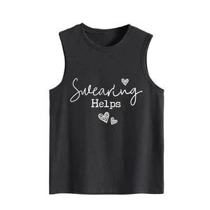 Detail showing Swearing Helps white slogan and heart graphics on a black sleeveless vest