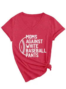 Red V-neck T-shirt featuring a white 'Moms Against White Baseball Pants' graphic