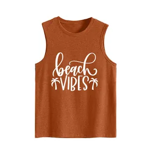 Close-up of summer sleeveless tank top with white beach vibes and palm tree print