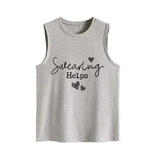Detailed view of women's gray tank top with 'Swearing Helps' print and leopard hearts