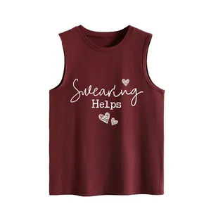 Detailed view of women's casual burgundy sleeveless tank top with Swearing Helps text